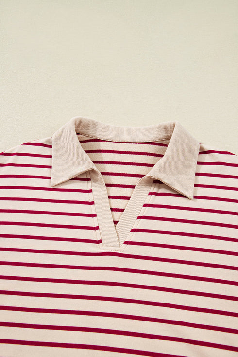 Stripe Cropped Collared Pullover Bubble Skirt Two Piece Dress