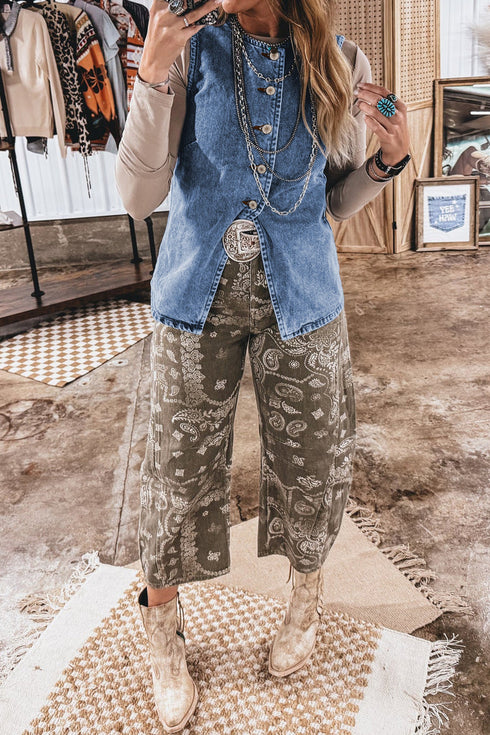 Tailored Western Buttoned Front Slit Denim Vest