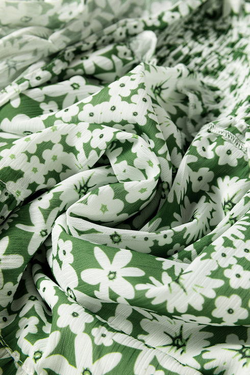 Square Neck Shirred Waist Tiered Ruffled Mini Floral Dresses