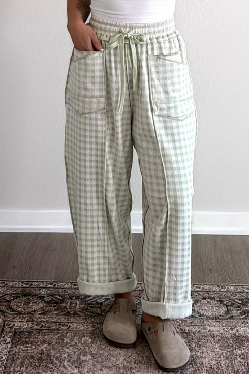 Plaid Trim Drawstring Elastic Waist Shift Pants
