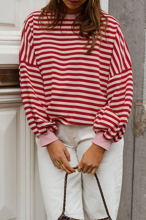 Striped Cutout Open Back Long Sleeve Loose Top