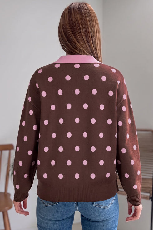 Polka Dot Pattern Collared Loose Pullover Sweater