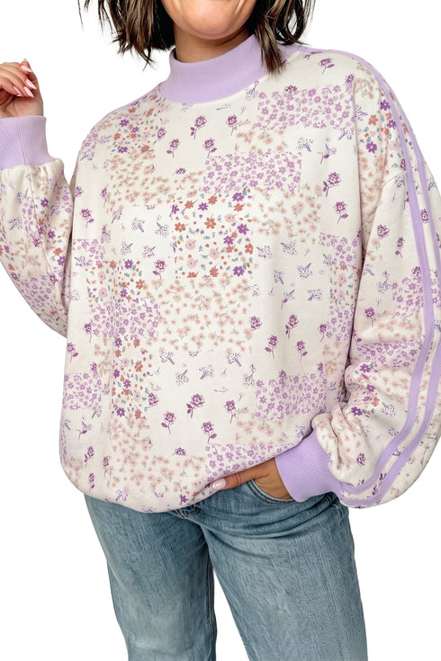 Floral Print Mock Neck Sleeve Paneling Sweatshirt
