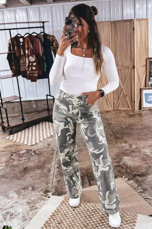 Elastane Camo Pattern Cotton Denim Shift Jeans