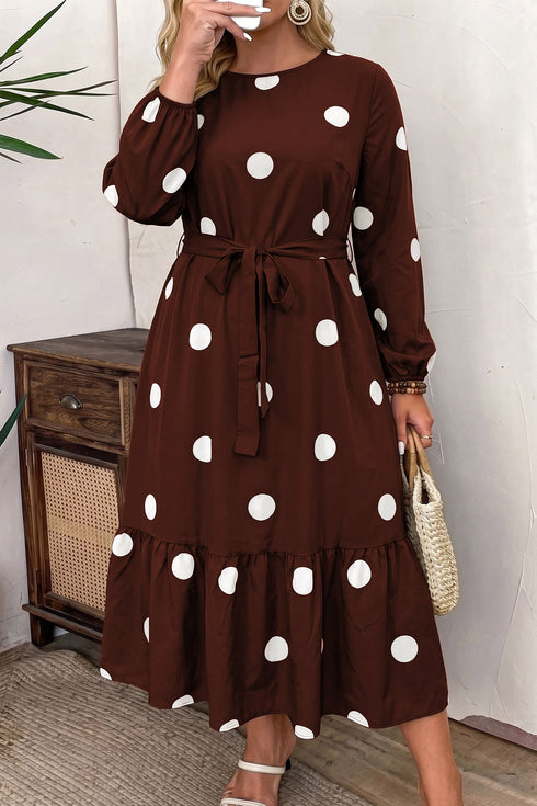 Polka Dot Ruffled Hem Tie Waist Midi Dress