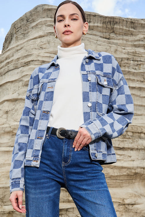 Checkered Print Patchwork Button Up Denim Jacket