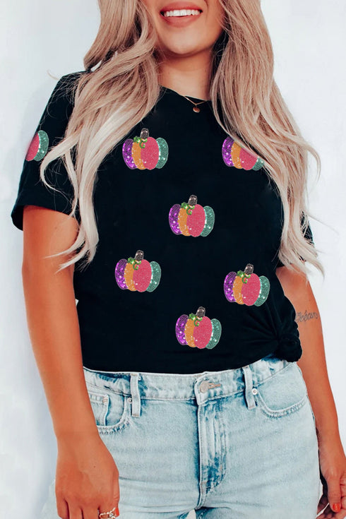Sequined Pumpkin Graphic Round Neck Statement Tee