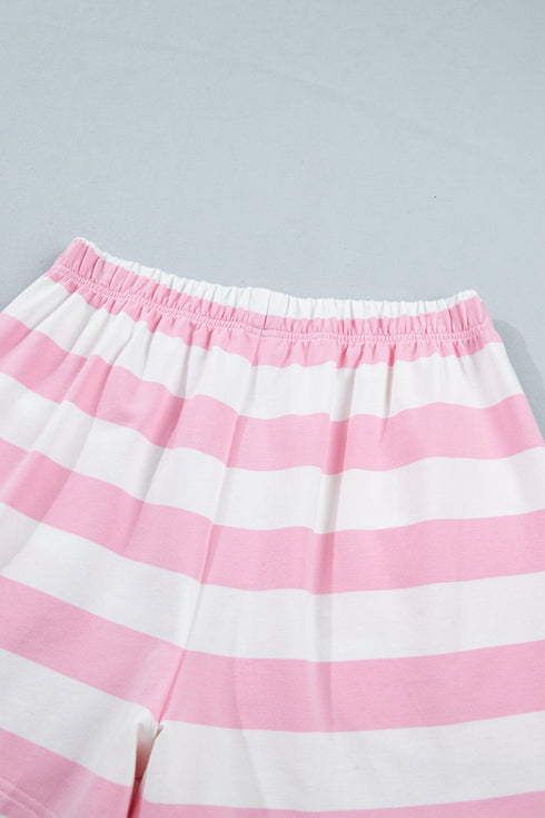 Striped Patchwork Zipper Pullover Elastic Waist Shorts Two Piece Short Set