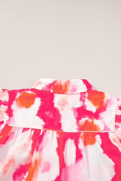 Abstract Burst Print Puff Sleeve Button Front Shirt