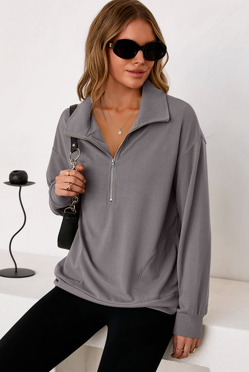 Waffle Textured Collar Half Zip Pocketed Drop Shoulder Sweatshirt
