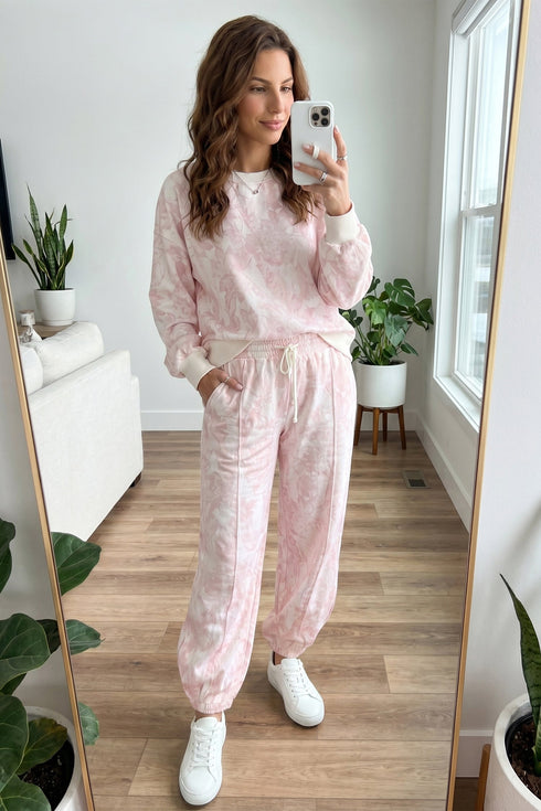 Abstract Print Drop Shoulder Drawstring Waist Hem Pant Set