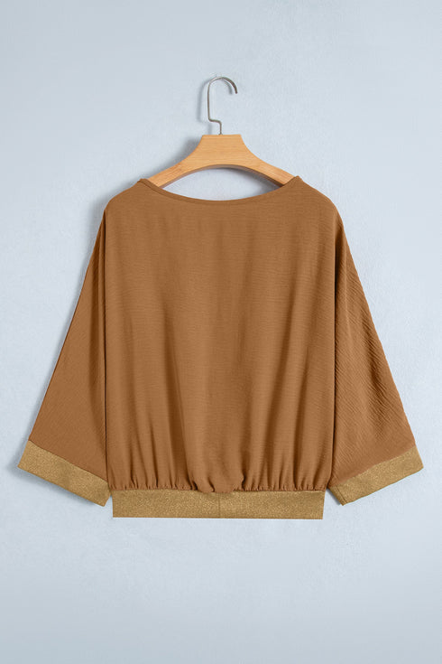 V Neck Glitter Trim Patchwork Button Front Blouse