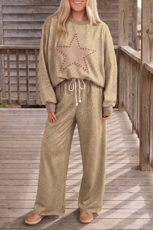 Beaded Leopard Star Applique Long Sleeve Loose Pant Set