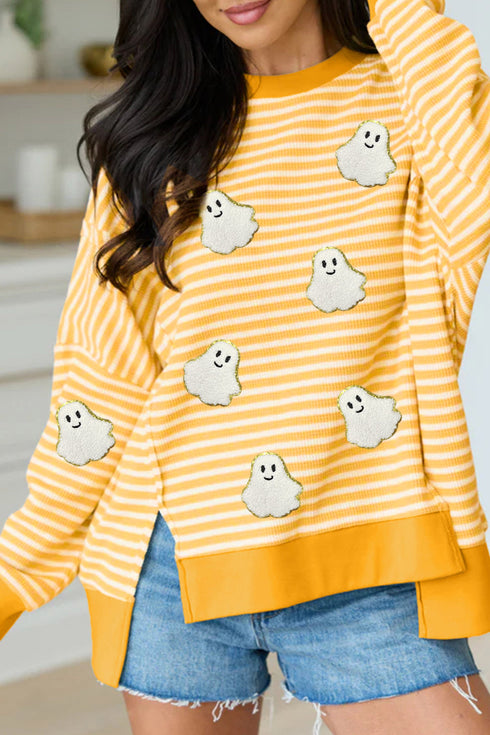 Ghost Patch Stripe Print Round Neck Long Sleeve Tee
