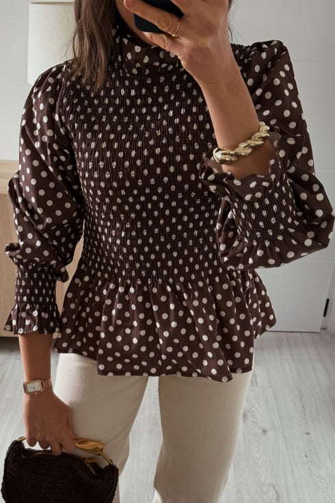 Polka Dot Ruffled High Neck Shirred Hem Blouse