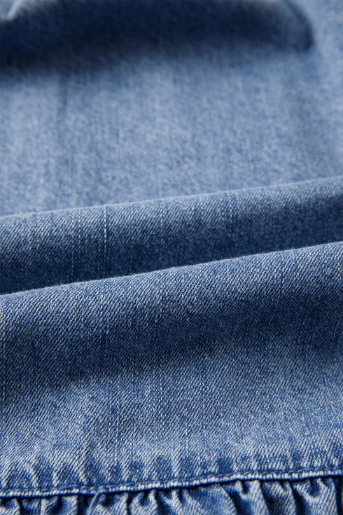 Western Puff Sleeve V Neck Ruffled Denim Mini Dress