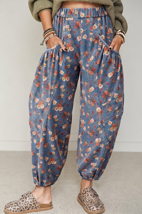 Retro Floral Print Elastic Waist Pocketed Barrel Jeans