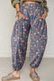 Retro Floral Print Elastic Waist Pocketed Barrel Jeans