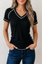 Waffle Knit Textured Contrast Trim V Neck Tee