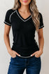 Waffle Knit Textured Contrast Trim V Neck Tee