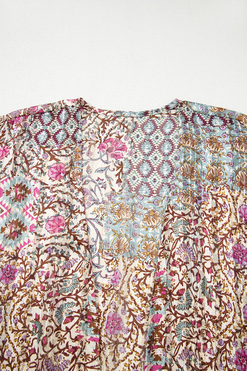 Bohemian Mixed Print Open Front Draped Kimono