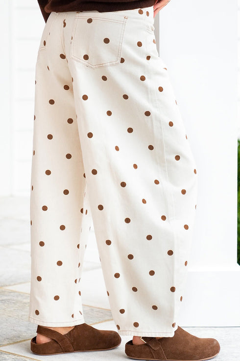 Polka Dot Print Cotton Blend Denim Barrel Jeans