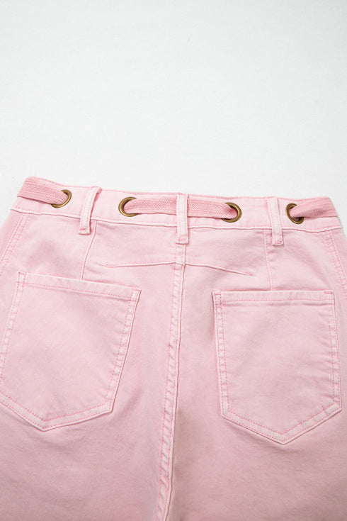 Cotton Denim Grommet Knot Waist Barrel Jeans