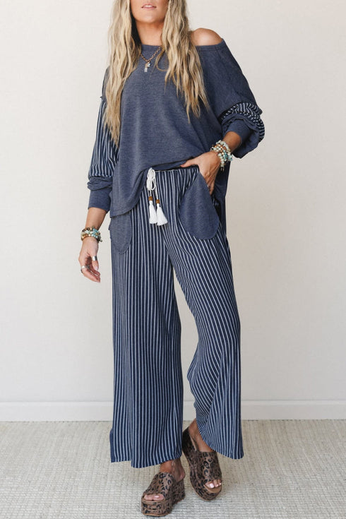 Raw Seam Patchwork Striped Long Sleeve Pant Set