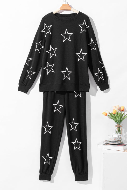 Star Print Long Sleeve Drawstring High Waist Pant Set