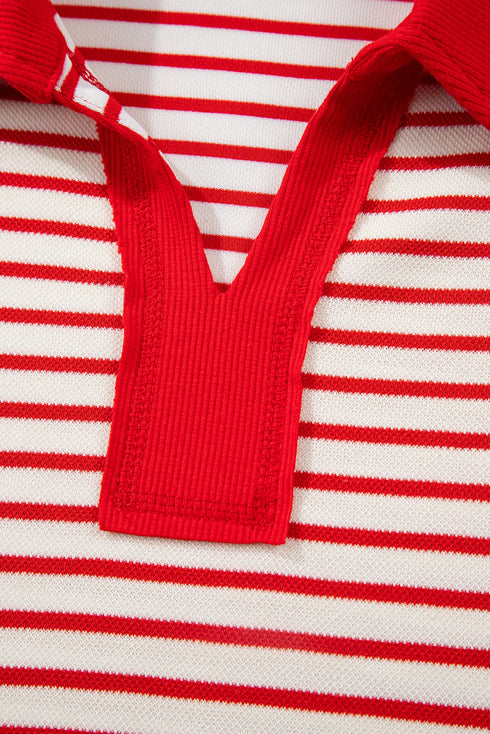 Striped Collared V Neck Pullover Skort Two Piece Dress