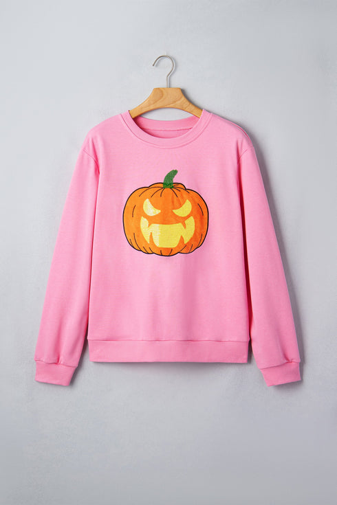 Embroidered Pumpkin Face Long Sleeve Round Neck Sweatshirt