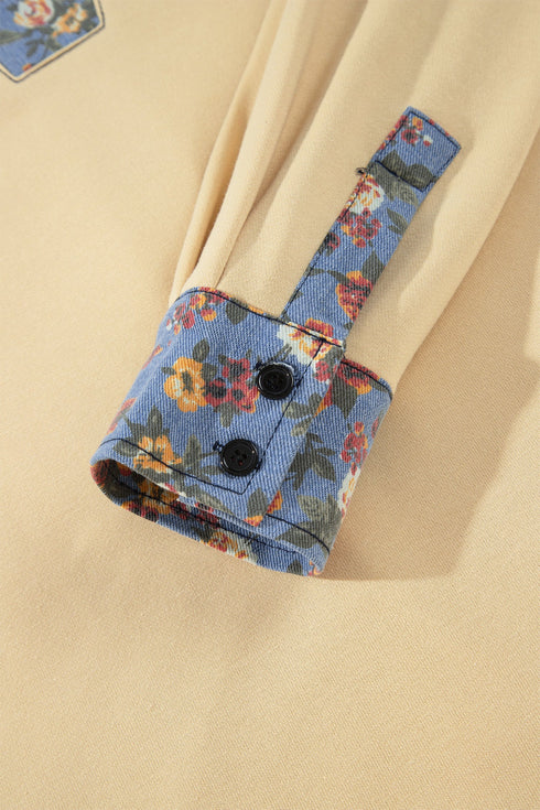 Romantic Floral Denim Collar Patchwork V Neck Top