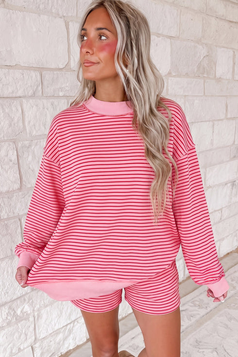 Striped Ribbed Patchwork Mock Neck Baggy Pullover Short Set