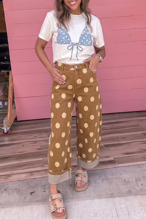 Polka Dot Ankle Length Metal Button Jeans