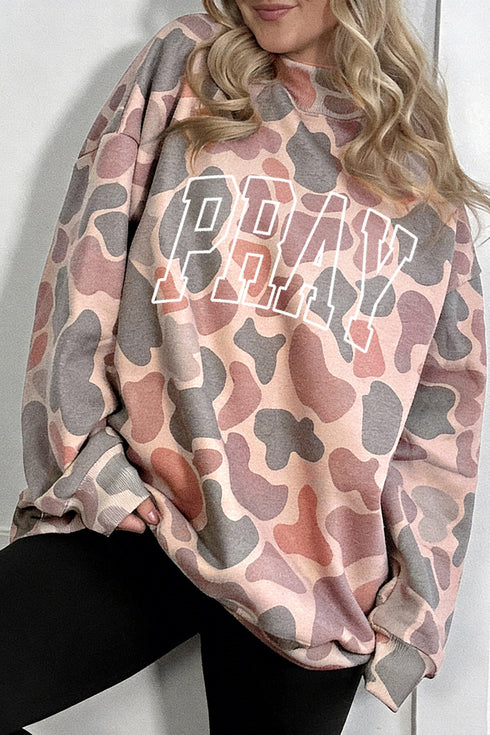 Polyester Embroidered Slogan Camo Print Pullover Sweatshirt