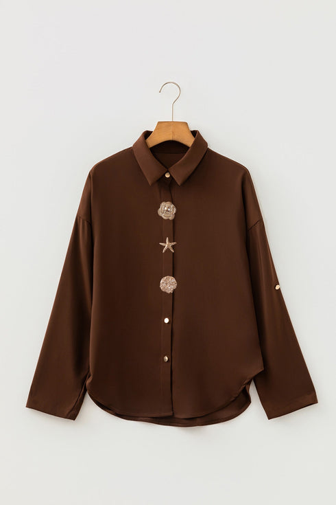 Polyester Button Decoration Tab Long Sleeve Blouse
