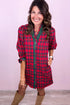 Plaid Ruffle Cuff Button Front Pocket Mini Dress
