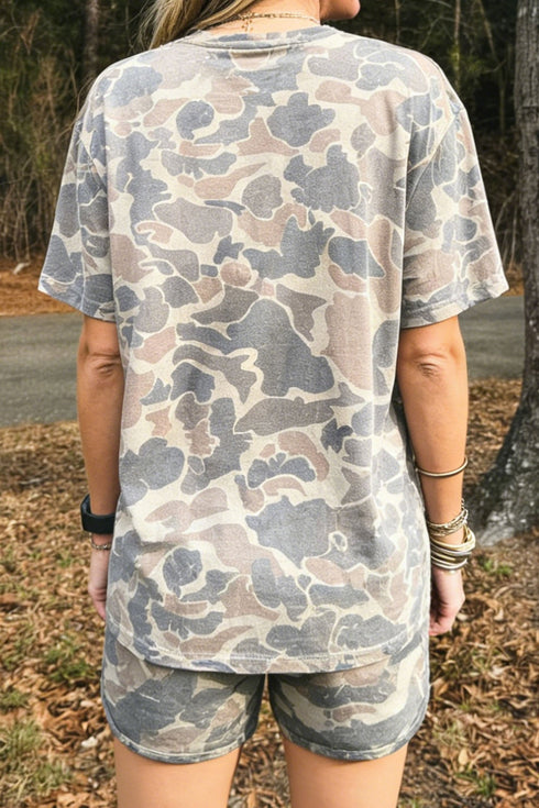 Faith Letter Print Relaxed Tee Camouflage Two Piece Short Set