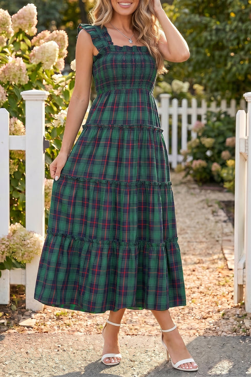 Southern Plaid Ruffle Sleeveless Shirred Bodice Tiered Midi Dress