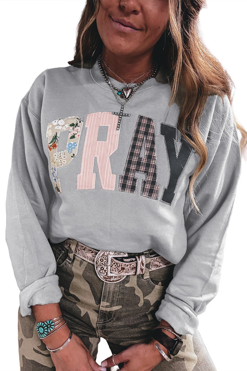 Western Floral Buffalo Plaid Striped Embroidered Patch Pullover Sweatshirt