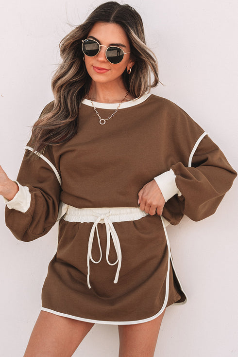 Paneled Loose Pullover And Lace Up Skort Two Piece Set