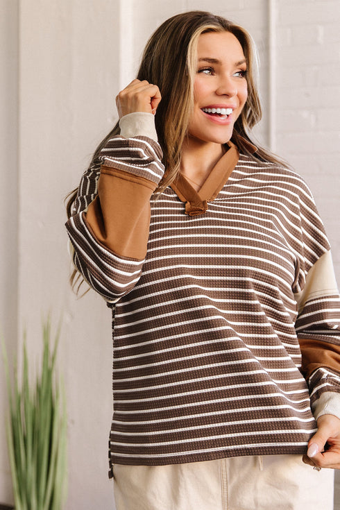 Striped Textured Collar V Neck Long Sleeve Pullover Top