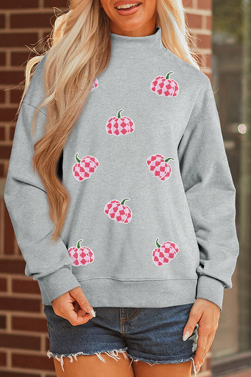 Sequined Pumpkin Graphic Mock Neck Baggy Pullover Sweatshirt