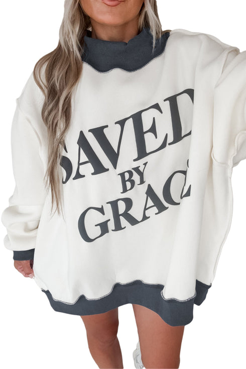 Oversized Saved By Grace Print Mock Neck Sweatshirt