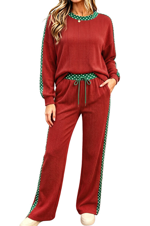 Polka Dot Trim Ribbed Patchwork Long Sleeve Pant Set