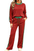 Polka Dot Trim Ribbed Patchwork Long Sleeve Pant Set