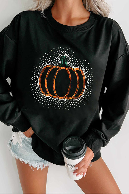 Polyester Cotton Rhinestone Pumpkin Graphic Pullover Sweatshirt