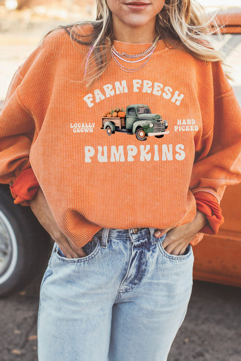 Corded Ribbed Farm Fresh Pumpkins Graphic Pullover Sweatshirt