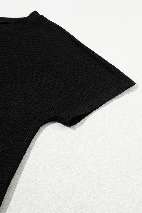 Solid Textured Waffle Knit Drawstring Casual Short Set