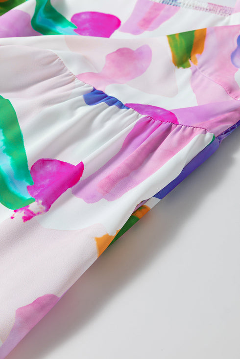 Abstract Brushstroke Square Neck Tiered Midi Dress